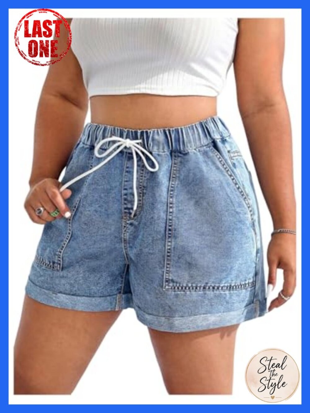 Plus Size Drawstring Denim Jean Shorts, Straight Leg, Elastic Waist, Stretchy